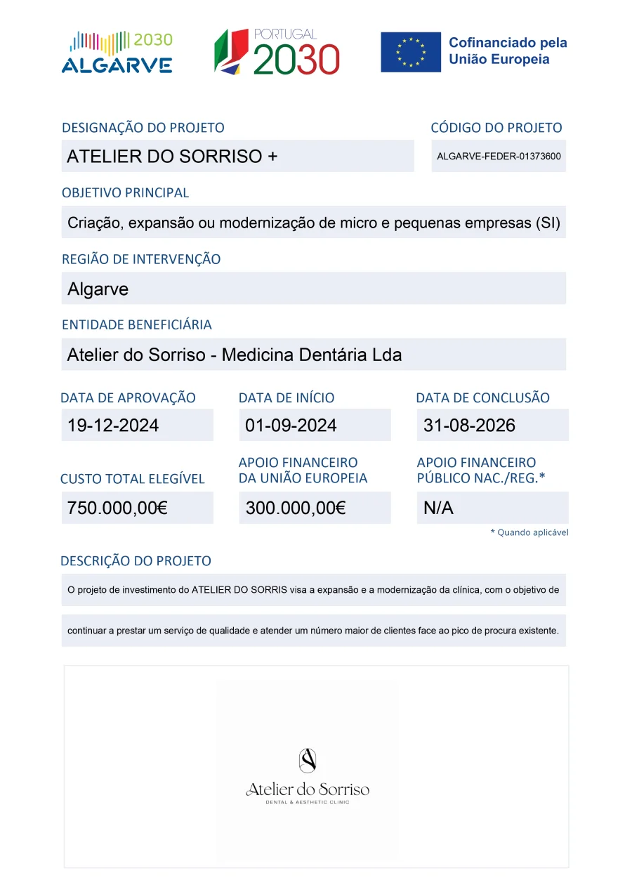 Cofinanciamento União Européia 2025 Atelier do Sorriso Clínica Dentária